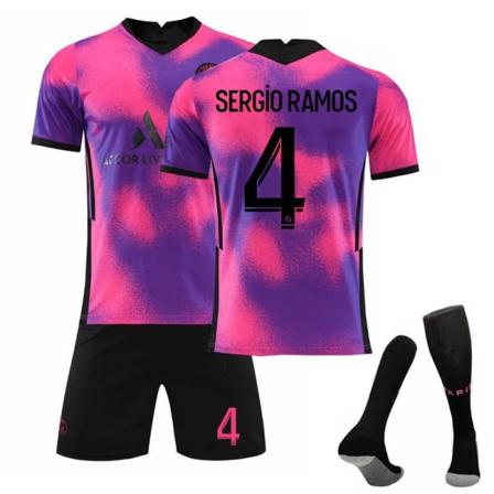 2021 Paris Saint-Germain bortamatch nr 7 Mbappe fotbollströja nr 4 Ramos tröja nr 30 Messi dräkt Paris 3 away game No. 4 with socks L#
