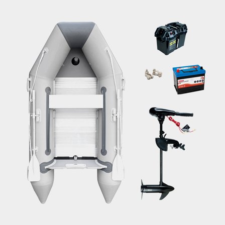 Bote inflable / balsa neumática con motor eléctrico RUBB 270 Pro Flex, suelo de aluminio, gris + Neraus X 36, 348 W, 71 cm longitud de eje ajustable +