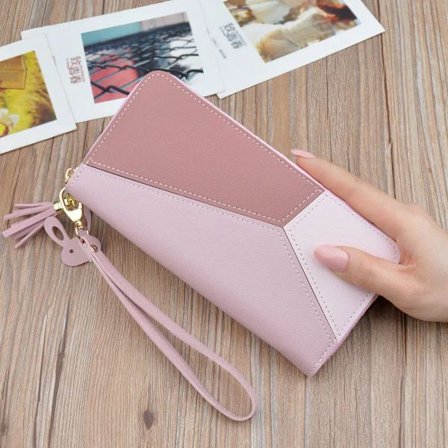 Geometric Patchwork PU Leather Women's Long Korean-Style Contrasting Color Zipper Tassel Large-Volume Wallet Female Card Holder