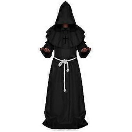 Halloween Friar Keskiaikainen Pappi Miesten Munkki Cosplay Hupullinen Kaapu Viitta Cosplay Puku Naamiaisasu -NMAOV(M Musta)