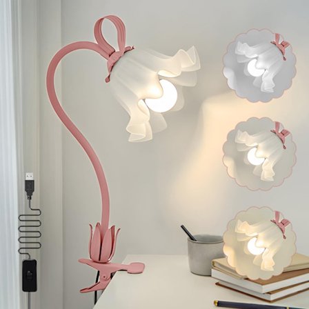 Kukkamuotoinen klipsikiinnitteinen lamppu, 3 säädettävää väriä, yövalo, pastoraalinen tyyli makuuhuoneen sängynpäädylle/työpöydälle, pieni raikas 