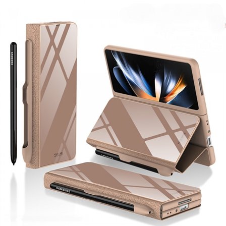 Samsung Galaxy Z Fold 4 -kotelo S-Pen-pidikkeellä, käännettävä lasipinnoite, hybridi nahkainen suojakotelo, saranasuojalla