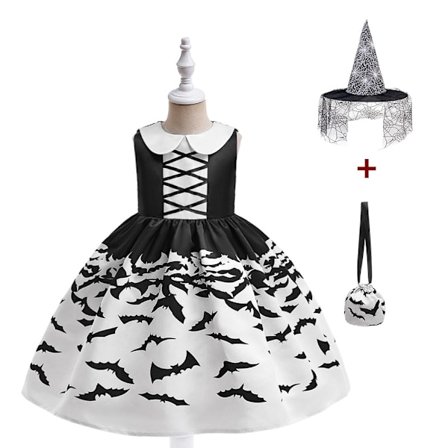 Halloweenkostym: Svart klänning + Handväska + Svart icke-vävd mesh-hatt, 120 cm