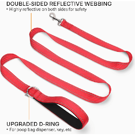 Reflekterande Hundkoppel, Vadderat Handtag Nylon, 6FT Röd för Medelstora & Stora Hundar Red 6 ft Standard