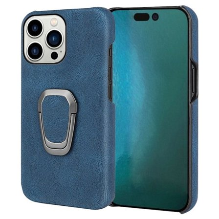 Shockproof Läder Skal med Oval Kickstand till iPhone 14 Pro Max - Blå