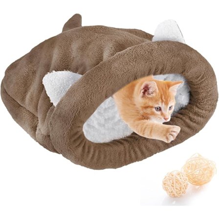 Kissan unipussi, pehmeä ja lämmin lemmikkivuode, itsestään lämpenevä peitto hupun kanssa, kissan unipussi kissoille ja pennuille Kahvi M