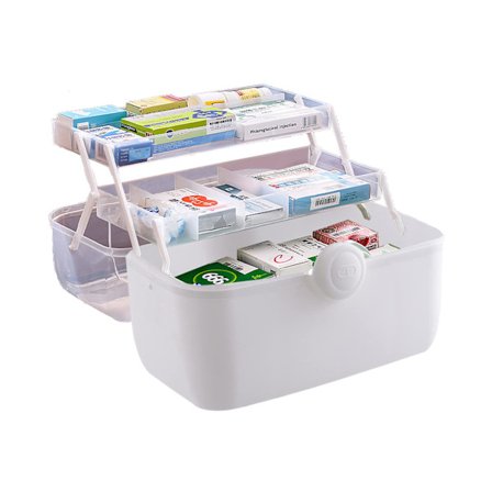 Medisinoppbevaringsboks 3-lags med bærehåndtak, husholdningsmedisinbeholder for oppbevaring av medisiner (hvit)