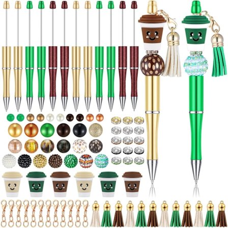 Sæt med 12 kuglepenne (mælkete-model), kuglepen i plastperler, træ