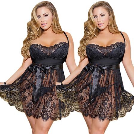 Plus Size Damkläder Sexig Nattlinne Spets och Mesh Chemise - Storlekar 3XL till 5XL black 4XL