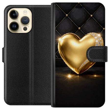 Yhteensopiva Lompakkokotelo Apple iPhone 15 Pro Max Kultainen sydän timanttireunalla