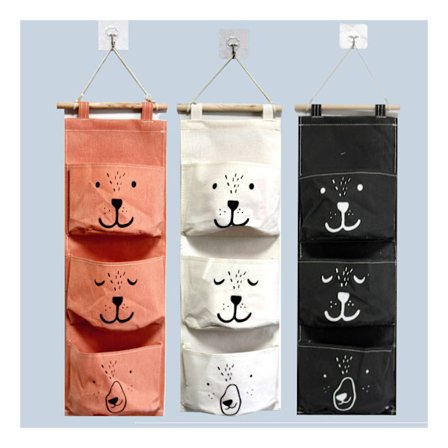 3 stk. væghængt opbevaringspose 3 lommer linnedstofpose kurv W
