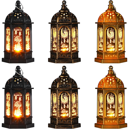 6 stk Ramadan-lykter i marokkansk stil, vintage dekorative LED-lys, hengende lykter, batteridrevet