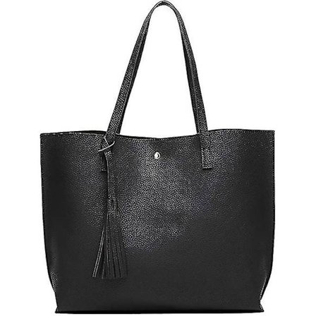 Naisten pehmeä keinonahkainen suurikapasiteettinen olkalaukku tupsu käsilaukku (musta) (hy)