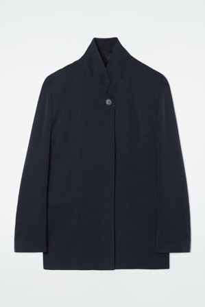 COS Women's Stand Collar Satin Tuxedo Blazer in Blue