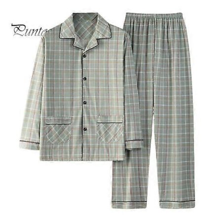 2 stk./sæt Herre Pyjamas Sæt Plaid Print Revers Langærmet Enkeltknappet Skjorte Elastisk Talje Lange Bukser Sæt Løs Pasform Loungewear Sæt