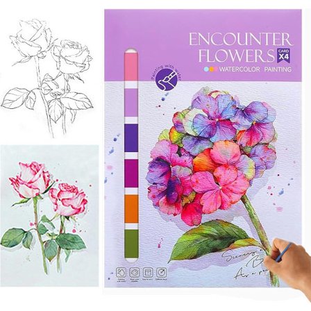 Akvarellarbeidsbok for nybegynnere med 4 blomsterbilder og pensler Gave til voksne Barn Familie