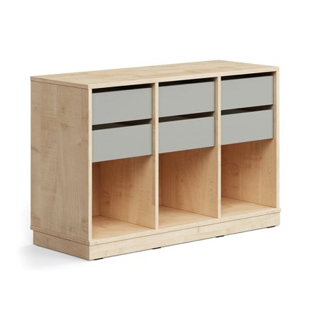 Student storage CASPER, 6 drawers, 3 compartments, base frame, birch/grey