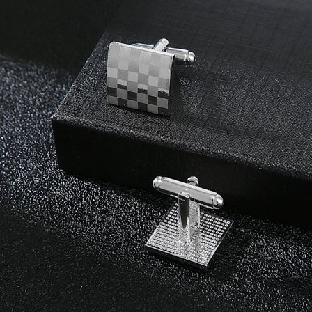 Herr Pojkar Rostfritt Stål Business Skjorta Silver Fyrkantigt Rutmönster Bröllop MANSCHETTKAPPAR