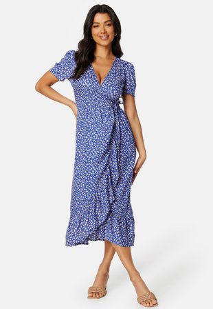 Happy Holly Evie puff sleeve wrap dress Blue / Patterned Klær