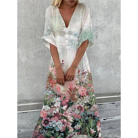 Kvinders Marmorering Blomster Print Casual Kjole Swing Kjole Boho Kjole Lang Kjole Maxi Kjole Grøn Blå Gul Halv Ærme-happygo.M.Grøn