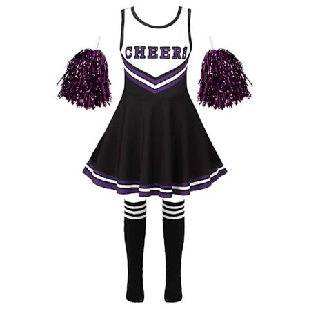 Flickor Cheerleading Uniform Dansekostume Børn Cheerleader Outfit Rund Halsudskæring Patchwork Stil Dansekjole Blomst og Strømper black