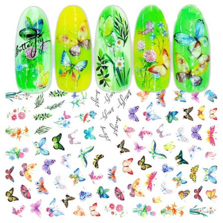 2 Stora Ark Nagelstickers Grön Blad Fjärilar Blomma