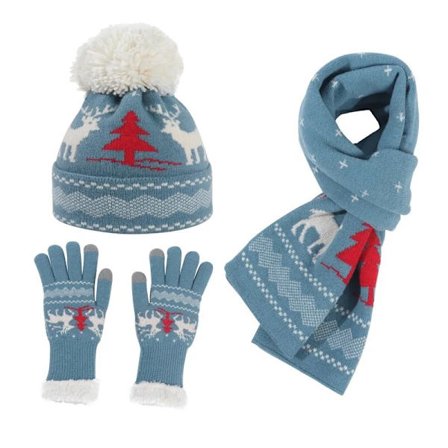3pcs Set Women Winter Christmas Cosplay Knitted Hat Gloves Scarf Set New Year Gift Thickened Beanie Cap Set Long Scarf blue