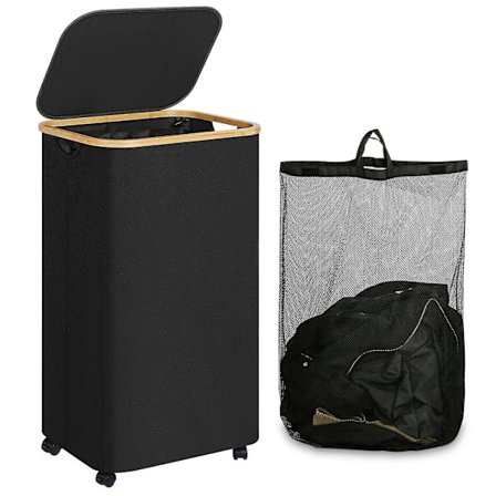 Pyykkikori pyörillä, 110L pyykkikori kannella ja sisäpussilla, sopii pyykkitupaan, makuuhuoneeseen, asuntolan säilytykseen