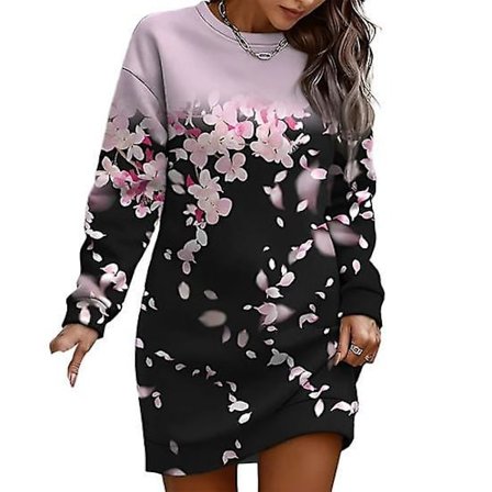 Dame Efterår Vinter Sweatshirt Kjole Blomsterprint Rund Hals Lange Ærmer Løs Pullover Tyk Varm Midt Længde Elastisk Manchet Dame Forår Mini Kjole