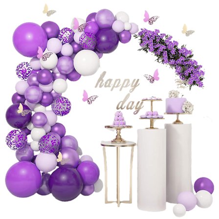 124 st Ballongirlangbåge-kit Lila Ballonger Konfettisvart Lila Latex Metalliska Ballonger med Pappersfjäril