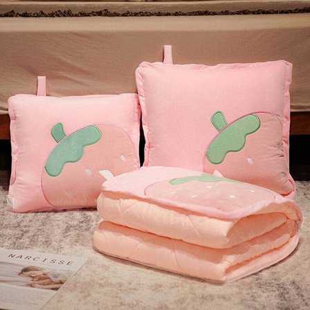 Rejsepude og tæppe, børnepude tæppe 2 i 1, bærbart pude og tæppesæt til rejser, blødt pude tæppe rejsesæt, jordbær