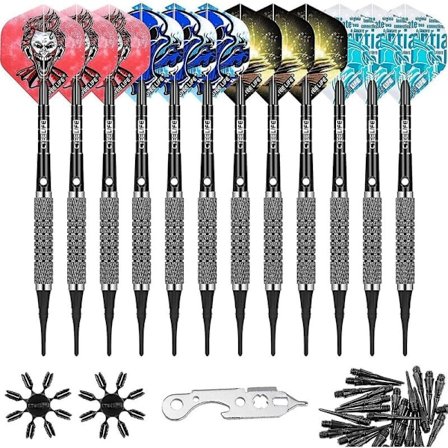Piao 12g Soft Tip Darts 12 Pakker med 4 Farger Fet Aluminium Skaft + 100 Spisser + Verktøy + 16 Flights + 16 Beskyttere, Lett Plast Dartsett