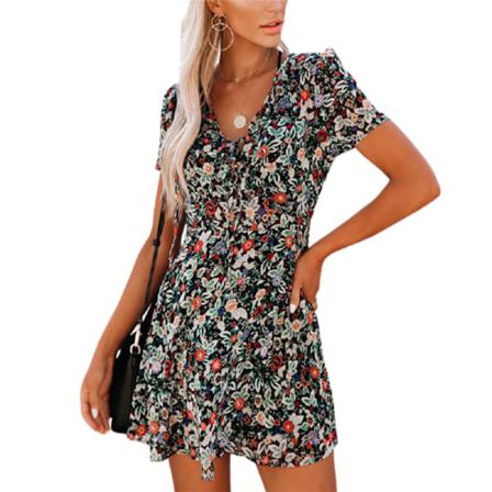 Print Sommar Sexig V-ringad Blommönster Boho Beach Chiffong