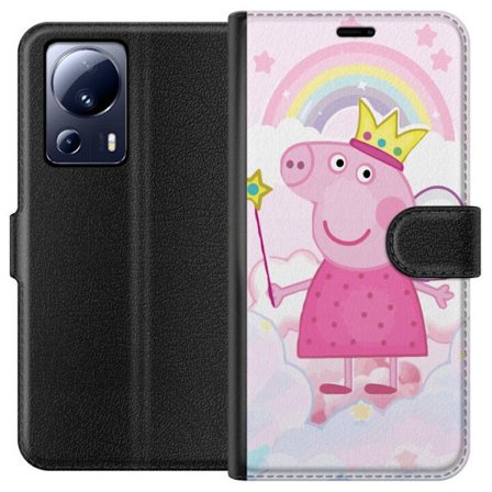 Kompatibel Tegnebogsetui til Xiaomi 13 Lite Peppa Pig prinsessemotiv med krone, vinger og regnbue, eventyrligt børneillustration på skybaggrund