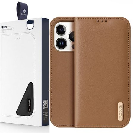 Dux Ducis Hivo lær Flip-deksel beskyttende lommebok i ekte skinn for kort og ID-er iPhone 14 Pro brun
