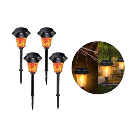 4 stk. 12 LED Solcellelampe Udendørs Havelampe Solcelleflammelamper Flimrende Dansende Sti Lampe Terrasse Fakkel Sekskant Vandtæt