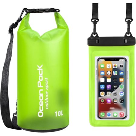 2-delad vattentät torrsäck för män och kvinnor, 10-liters rulltopp vattentät ryggsäcksväska med vattentätt mobiltelefonfodral, bra för vandring, 