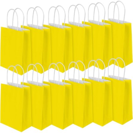 Papirsposer til fest, 12 stk. gave- og slikposer med håndtag, gule kraftpapirsposer til børnefødselsdag, fødselsdag, bryllup, jul (150x80x210mm)