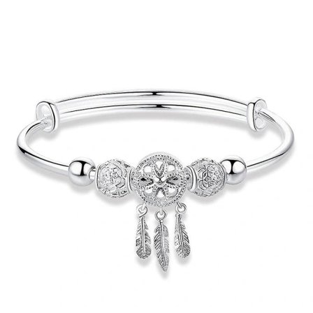 Justerbart 925 Sterling Sølv Drømmefanger Kvast Fjer Rund Perle Charm Armbånd & Armring til Kvinder Elegante Smykker Sl209 Børn Mand