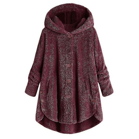 Dame Vinter Varmt Plysset Overfrakke Knappet Jakke Toppe Løse Hættede Yderbeklædning