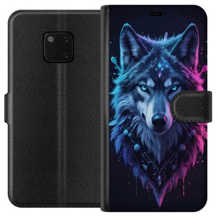 Kompatibelt Plånboksfodral till Huawei Huawei Mate 20 Pro Mystisk Vargporträtt i Neonblått och Lila Skimmer