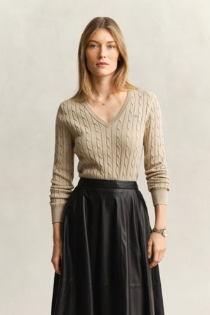 GANT Damen V-Neck Pullover mit Zopfmuster (S) Beige