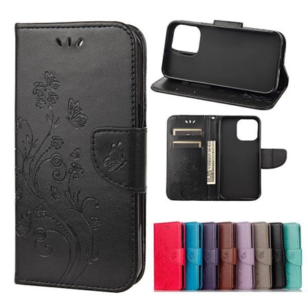 Butterfly Flower Wallet Case for iPhone 13 - Black