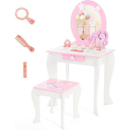 COSTWAY sminkebord til børn Makeup-bord med skammel, aftageligt spejl og 1 Princess Style-opbevaringsskuffe Hvid