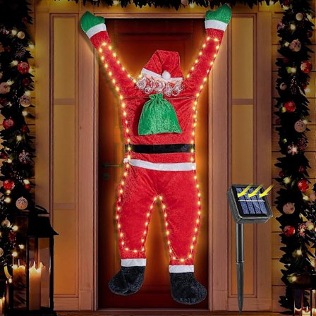 1,7 m Livsstørrelse Hengende Julenisse med Lys, Gjenfyllbar Utendørs Klatrende Nisse Gavepose for Julevindu Balkong Dekor