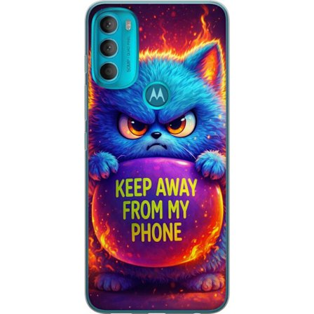 Kompatibelt Mobildeksel til Motorola Motorola Moto G71 5G Sinna lodne blå katt med teksten "Hold deg unna telefonen min" i neonfarger og ildlignende