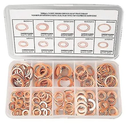200 stk. Massivt Kobberpakningssæt 9 Størrelser Metriske Tætninger