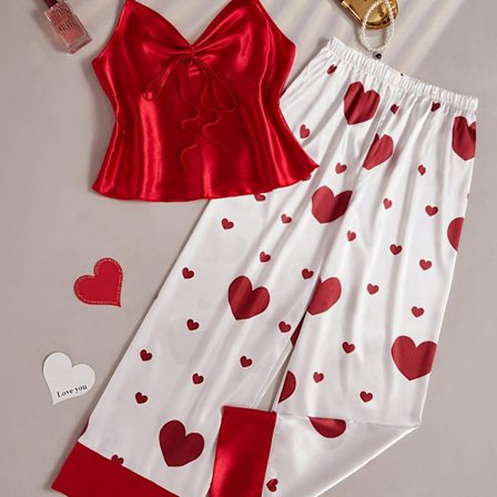 Damesæt i 2 dele med snøreliv og bukser med brede ben og hjertetryk, Valentinsdagsgave