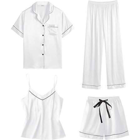 Dame 4-delt pyjamassæt i silke satin nattøj sexet pyjamas loungewear Hvid White