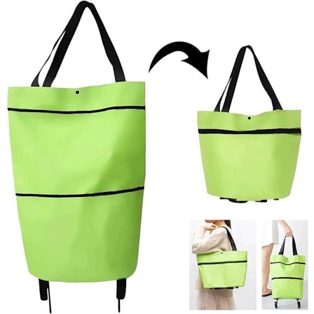 Ostoskärry, ostoskassi pyörillä, kokoontaitettavat ostoskassit, 2-in-1 kokoontaitettava ostoskärry kotiin, supermarketiin, kestävä kassi, 20 l, vihreä